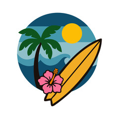 Logo agencia de viajes. Vacaciones en Hawái. Dibujo minimalista de un paisaje con sol, palmera, flor de hibisco, tabla de surf y olas de mar en un círculo  © teracreonte