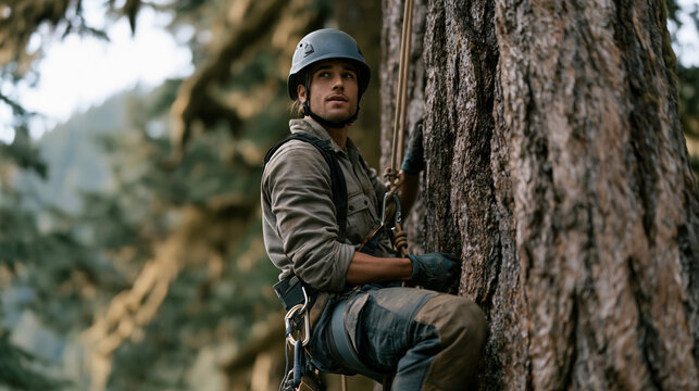 Young arborist rappelling from old growth canopy after aerial survey, harness and descender visible, bark texture filling frame, sustainable forestry practice, canopy ecology