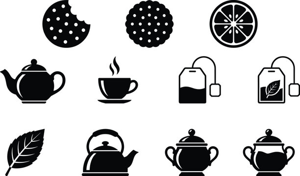 Tea snack silhouette flat vector illustration featuring teapot, teacup, cookie, citrus slice, sugar bowl design art, black-and-white drawing