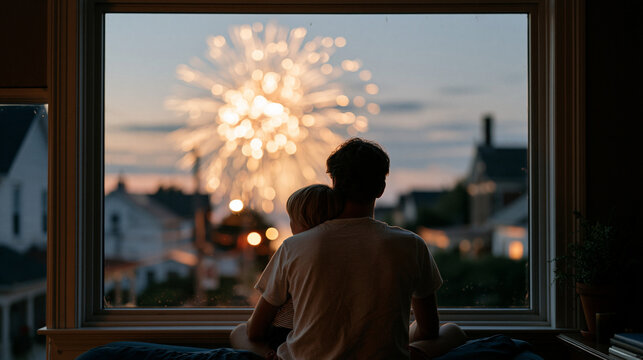 Independence Day fireworks viewed through newly installed energy efficient triple-pane window, family silhouette framed inside watching celebration, window replacement upgrade