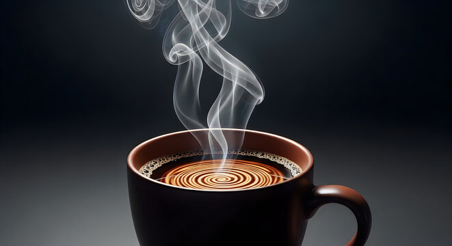 Steaming cup of coffee with latte art