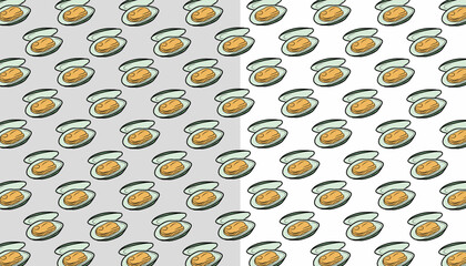 Mussel Seamless Pattern. Seafood Shell Repeat Background. Minimal Hand Drawn Vector Style. © Zayyan 