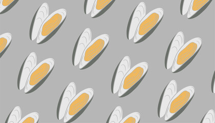 Mussel Seamless Pattern. Seafood Shell Repeat Background. Minimal Hand Drawn Vector Style. © Zayyan 