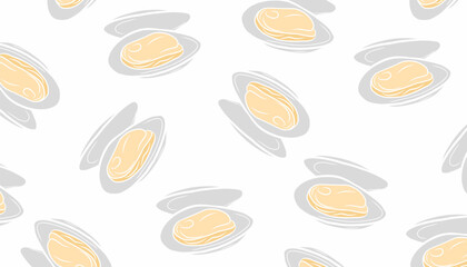 Mussel Seamless Pattern. Seafood Shell Repeat Background. Minimal Hand Drawn Vector Style. © Zayyan 