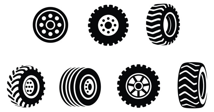 Industrial Vehicle Wheel Tire Icon Set Vector Collection for Heavy Machinery, Construction Equipment and Automotive Transportation Design Projects
