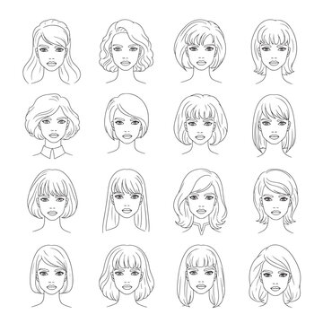 A grid of sixteen diverse female faces showcasing various hairstyles and haircuts in a detailed line art illustration.