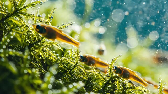 Macro low angle shot of tiny orange fish swimming near vibrant green aquatic moss with oxygen bubbles illuminated by soft backlit underwater lighting