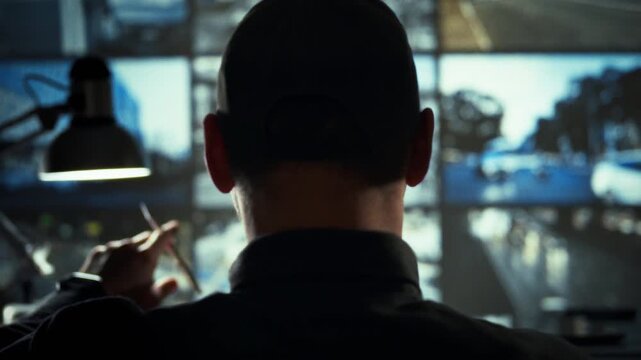 In a dark video control center, a surveillance officer watches dozens of monitors showing live security feeds, his focused gaze ensuring constant vigilance and rapid response to any threat