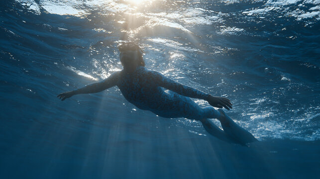 Competitive freediver descending vertical ocean blue water, monofin kick, equalizing at depth, competitive breath hold sport, aquatic athleticism, summer ocean training, deep dive