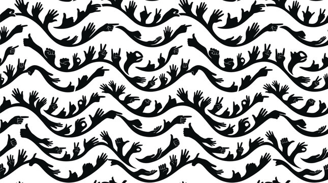 Black human hand silhouettes arranged in an artistic wavy seamless pattern showing various diverse gestures and communicative finger signals against a textured light background for creative graphic de