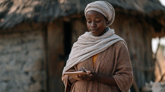 Population census field worker conducting rural household survey in remote village, tablet data entry, demographic research employment, World Population Day context, community