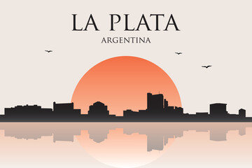 Fototapeta premium Minimalist contemporary Japanese-style drawing of a half sun skyline with water reflection poster panorama of LA PLATA, ARGENTINA