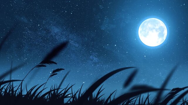 relaxing full moon night starry sky and swaying tall grass loop in anime style