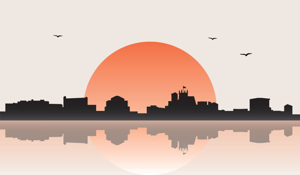 Minimalist contemporary Japanese-style drawing of a half sun skyline with water reflection poster panorama of ASUNCION, PARAGUAY