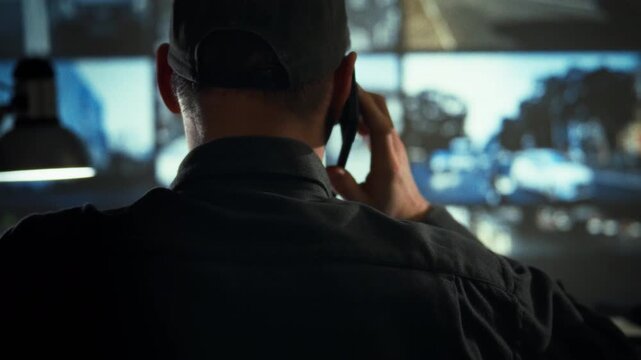 In a monitoring service control room, an employee speaks on a phone while scanning multiple video surveillance screens, tracking live actions across the facility and ensuring security oversight