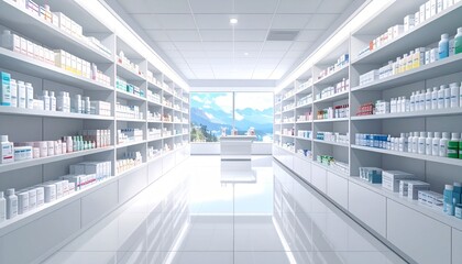 Obraz premium Bright Pharmacy Interior with Shelves of Medications and Products.