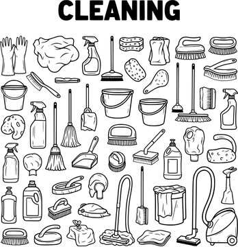 Hand-drawn outline icon set of various cleaning tools and supplies including mops, brooms, buckets, sponges, sprays, and brushes for domestic house cleaning services.