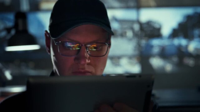 A security guard in glasses and protective gear scans a tablet monitor in a video surveillance room, surrounded by rows of glowing monitors displaying live feeds, ensuring continuous safety oversight