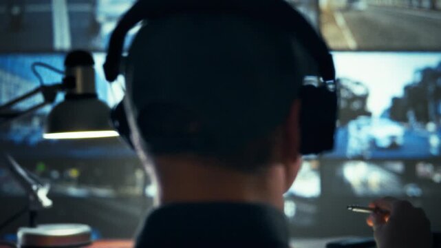 A man wearing headphones sits before a bank of monitors, scanning traffic and flagging vehicle violations on the roadway via a sophisticated monitoring system, helping maintain smooth flow