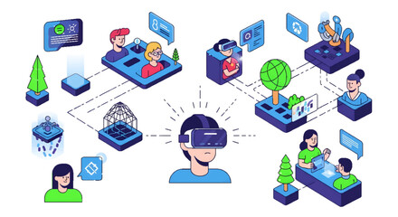 Fototapeta premium Exploring the Metaverse: Immersive Virtual Reality Experiences and Digital Interaction in a Connected Online World