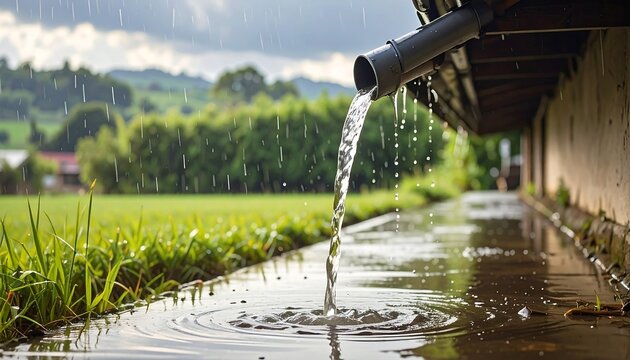 Rainwater flows from a gutter into a puddle beside a building