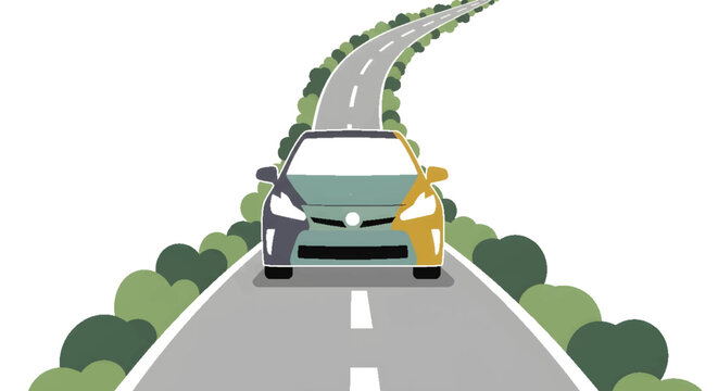 Illustration of a car driving on a winding road, split in two colors, representing choices, different paths, and the journey of life.