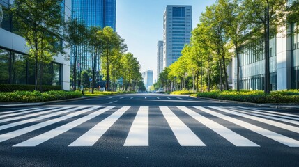 Obraz premium Empty city street with white crosswalk stripes and lush green trees