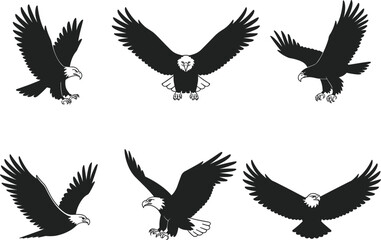 Fototapeta premium Eagle silhouettes vector set flying birds collection predator wildlife black icons isolated nature illustration majestic wings design