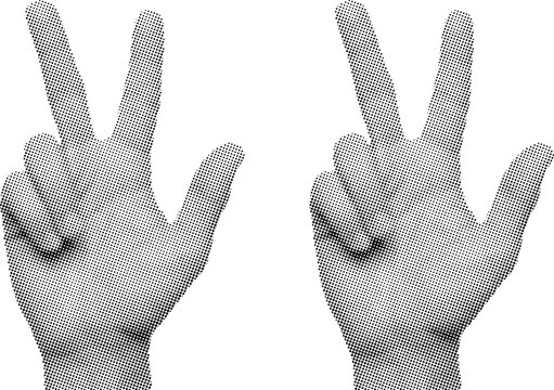 Halftone peace sign hands in black and white isolated background