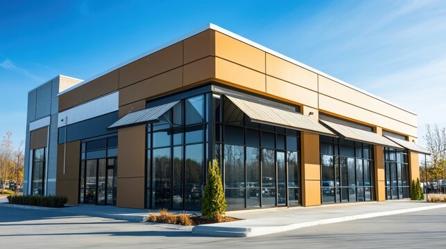Modern commercial building exterior with retail storefronts