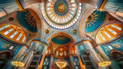 Naklejka premium [dome, islamic, architecture, ottoman, mosque, interior, decoration, pattern, symmetry, arabic] Low-angle shot of a grand ottoman islamic mosque interior, featuring a central ornate dome, elaborate