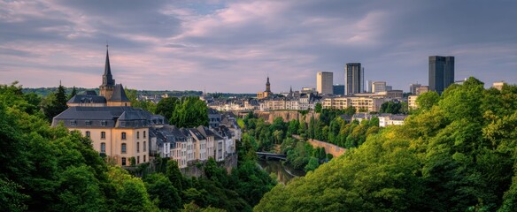 Naklejka premium Vibrant Luxembourg cityscape featuring distinctive English signage and rich cultural elements.