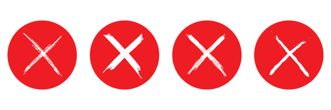 Abstract Brush red X Symbol Icons in Circle Frame Minimal Grunge Cancel Marks Vector Style. Stylish grunge cancel and close marks on white background.