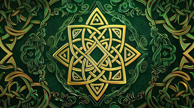 Symmetric traditional Celtic knot pattern with central gold eight-pointed star weaving ornament, set against dark green textured background with subtle lighter green Celtic motifs, representing