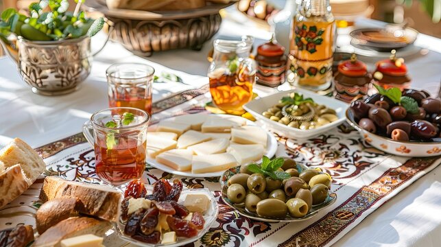 Sunlit Mediterranean dining table set for casual gathering, laden with assorted food: soft fresh cheese, plump green and black olives, crusty cut hard sourdough bread, fruit and cheese platter,