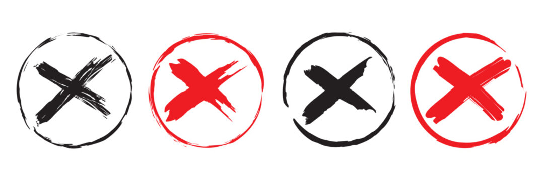 Minimal abstract brush style X symbol icon set with red and black color. ideal for user interface elements, warning signs, mobile applications, web graphics, and creative digital design use.