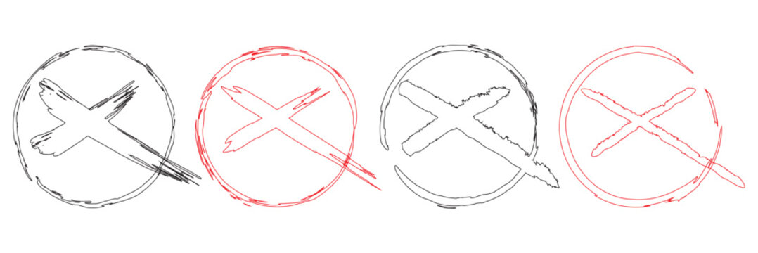 Minimal abstract brush style X symbol icon set with red and black color. ideal for user interface elements, warning signs, mobile applications, web graphics, and creative digital design use.