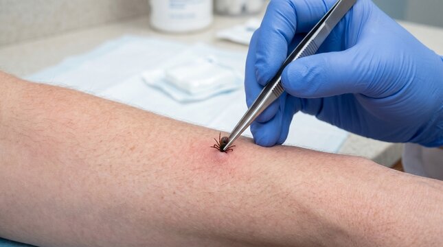Dog tick (Ixodes ricinus). Gripping the tick with medical tweezers at the very base of the head for safe removal from the patient's skin.
