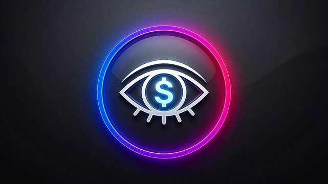 Eye with dollar symbol in neon circle emphasizing modern aesthetics and minimalist design