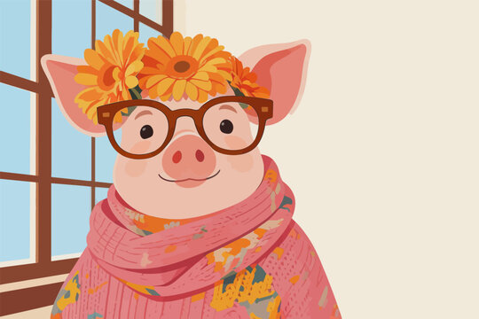 Cute anthropomorphic pig wearing floral wreath and cozy winter outfit