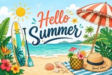 Fototapeta premium Vibrant Hello Summer tropical beach scene featuring a toucan paddleboard and refreshing pineapple drink.