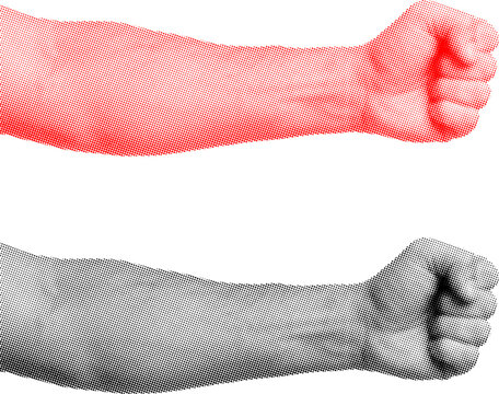 Two fists raised in protest or solidarity with halftone effect