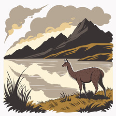 Obraz premium Brown llama standing by a lake with mountains and clouds, south america