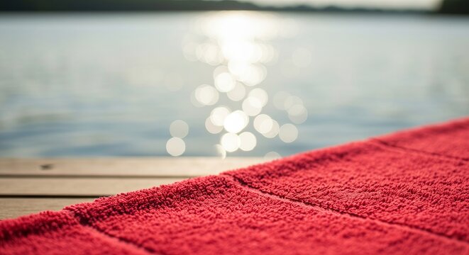 Red Terry Towel Texture on Dock Surface with Water Reflections in Daylight for Relaxation Still-Life
