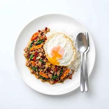 A high-resolution, professional flat-lay photograph of the iconic Thai street food dish "Khao Pad Kra Pao Moo Sab" (Stir-fried Minced Pork with Holy Basil). The image features a perfectly cooked fried