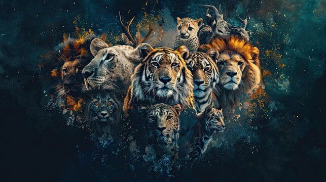 Surreal wildlife painting capturing a solemn big cat group portrait with female lion, two front-facing tigers, majestic male lion, curious lion cub, and faint deer antlers on dark blue textured