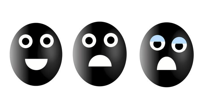 ​Black oval emoji faces with happy and sad pink eyes isolated on transparent