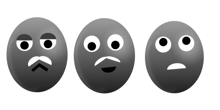 Set of glossy black avatars depicting joy shock and boredom isolated