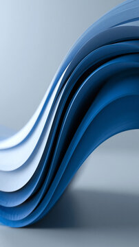 Blue layered structure in a sinuous shape against a light gray backdrop suggesting flow, dimension, and abstract design for a modern concept. Blue sinuous layers, gray backdrop,