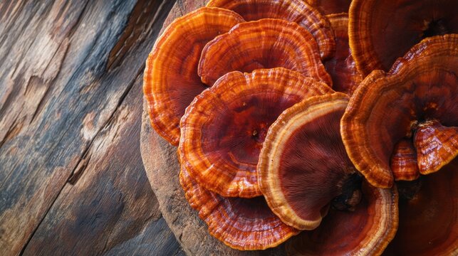 Reishi mushrooms on rustic wooden surface